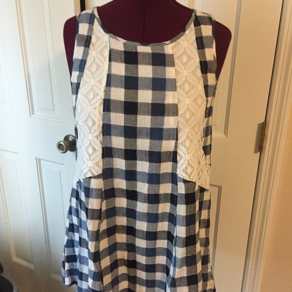 ENTRO JUNIOR'S SIZE M DRESS SHORT BLUE & WHITE CHECKS LACE DESIGN SLEEVELESS - Picture 1 of 4